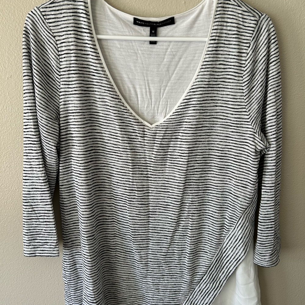 White House Black Market Asymmetrical 3/4 Sleeve Blouse in White and Gray